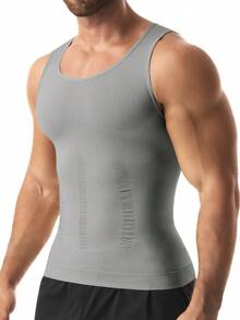 Conjunto 2 Camisetas Moldeadoras Hombre, Ropa Interior Compresión Adelgazante Soporte Espalda Control Abdominal, Tela Nylon Transpirable, Colores Gris y Azul - Gris - Ver 8