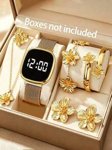 1/7pcs New Magnetic Cube LED Digital Display Wristwatch For Kids, Premium Floral Jewelry Accessory, Suitable For Kids High-End Occasions, Silent - Multicolor - View 12