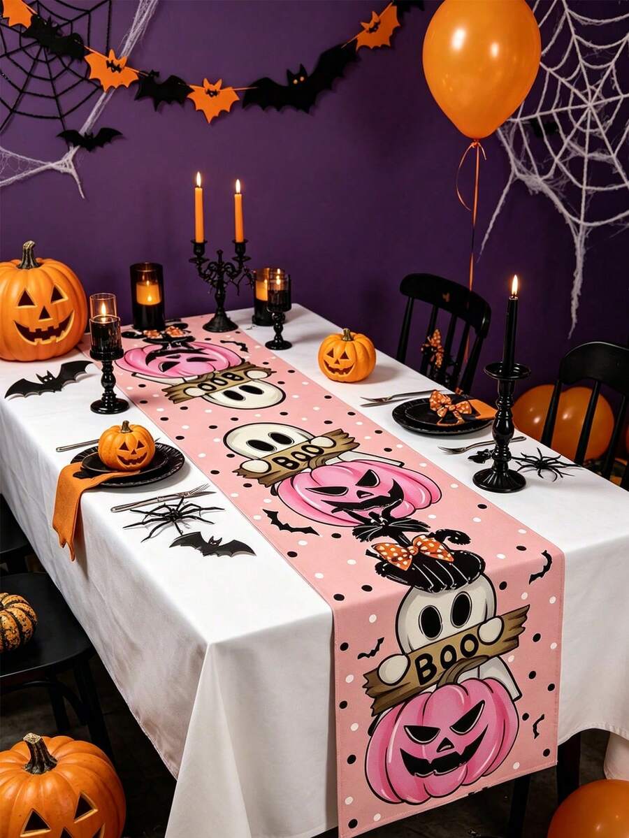 1Pc Halloween Table Runner Tablecloth,Pumpkin Ghost Pattern Polyester Table Flag,Halloween Decoration,Halloween Party Dinner Table Decoration,Home Decor,Trick Or Treat Decoration For Halloween,Happy Halloween Decor,Table Centerpiece Decor - Multicolor - View 1