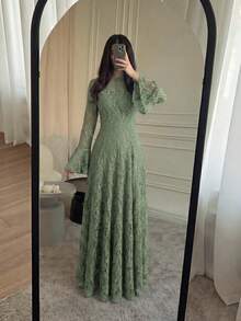 女士优雅蕾丝拼接高领收腰修身奢华纯色连衣裙，优雅褶皱荷叶边下摆/荷叶边开衩婚纱 - 綠色 - 查看 3