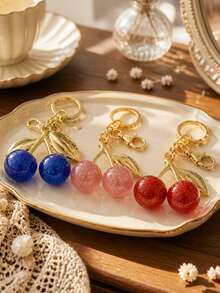 1pc Glitter Cherry Resin Keychain, Gold-Plated Alloy Leaf, Bag Charm Accessory, Ideal Graduation And Holiday Gift - Multicolor - View 1