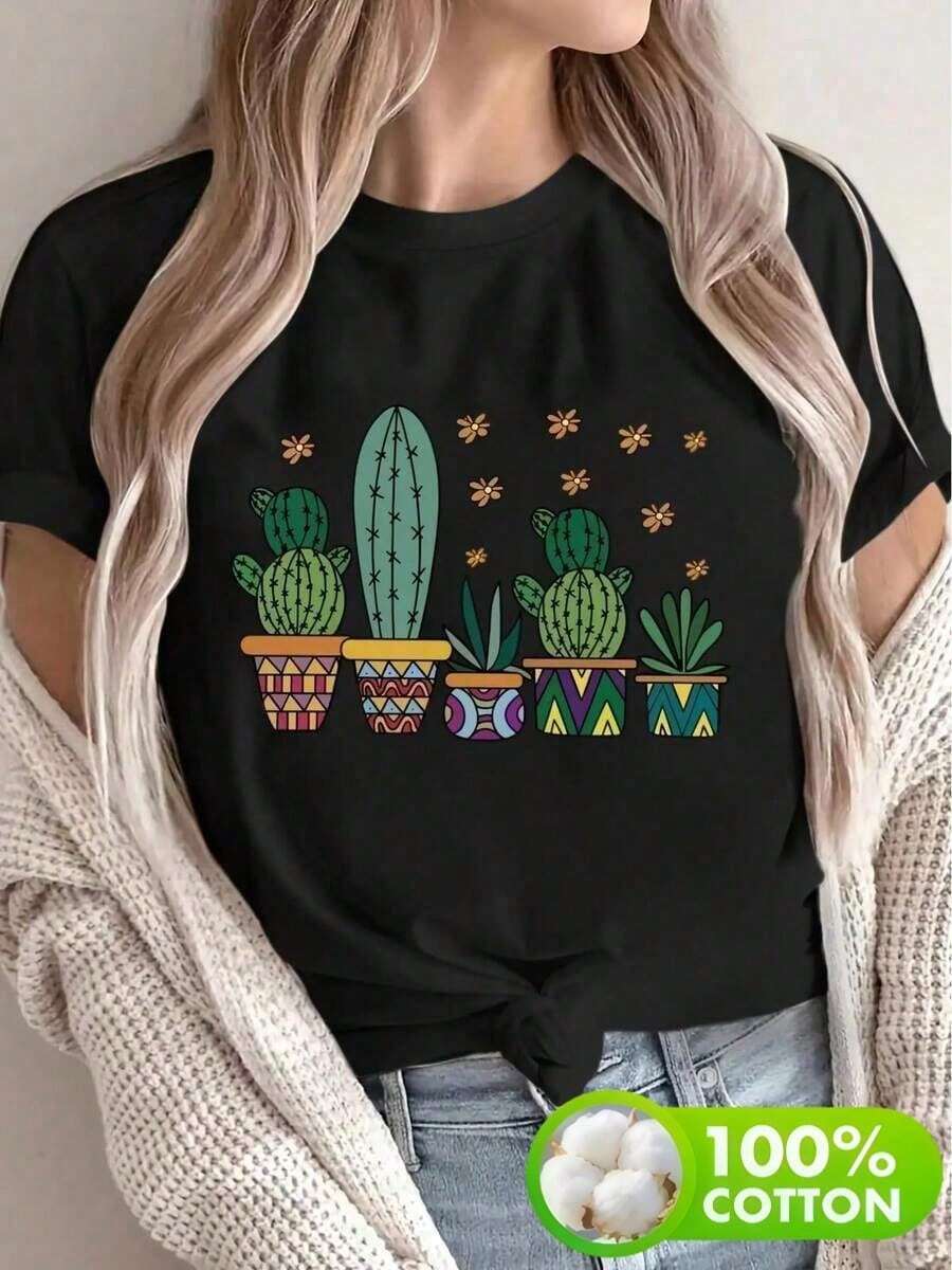 Women's Short Sleeve T-Shirts, Casual Summer T-Shirt With Vibrant Cactus Print: Short Sleeves, Loose Fit, Breathable And Comfortable, Perfect For Outdoors, Cactus Decoration - 黑色 - 查看 1