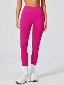 NcmRyu Women's 1pc Solid Color Wide Ribbed High Waist Tummy Control Butt Lifting Tight Fit Sports Leggings - Hot Pink - View 5