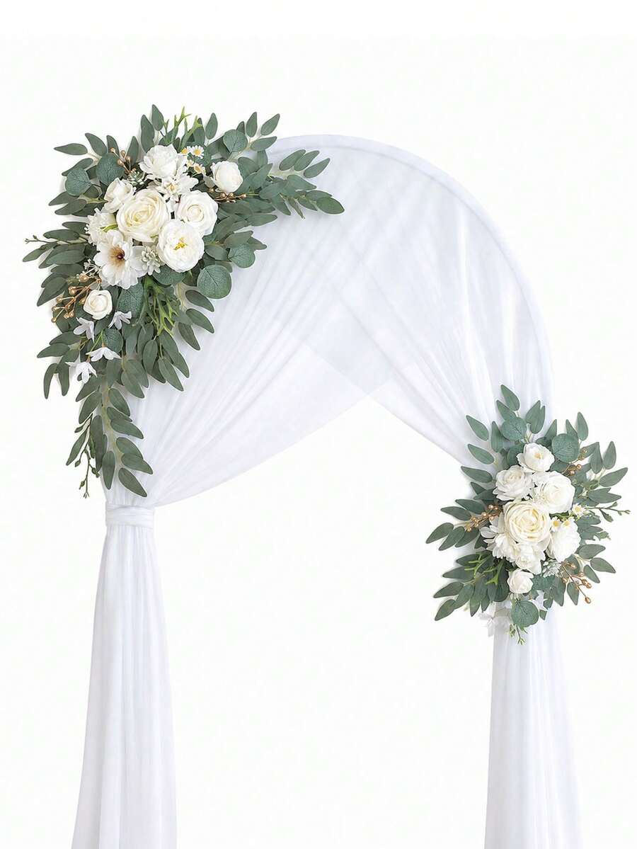 2pcs Ivory White Artificial Flower Garland Set With Eucalyptus Greenery Faux Floral Decor, Suitable For Wedding Arch Ceremony Reception Backdrop, Welcome Sign, Aisle Chair, Sweetheart Table, Tabletop Centerpiece, Door Wall Party Decoration - Multicolor - View 1