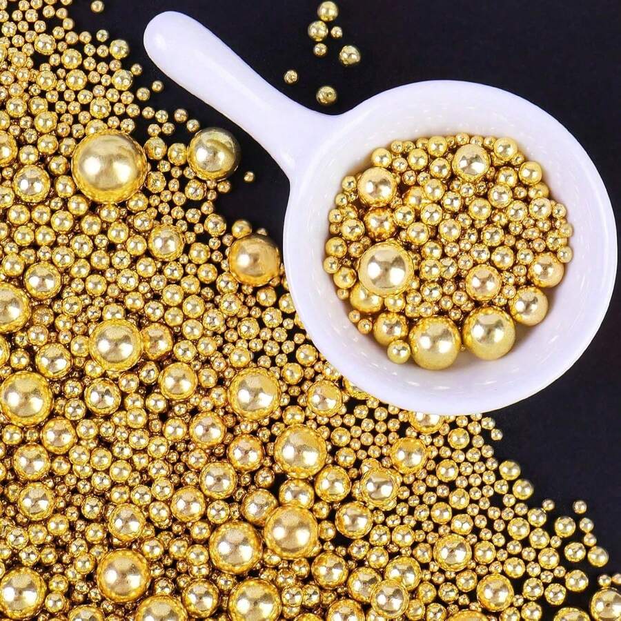 Perlas de azúcar comestibles de oro falso, perlas de azúcar de tamaño mixto, decoraciones comestibles para hornear para pasteles, cupcakes, galletas, donuts, helados | Suministros para vacaciones, bodas, fiestas, Día de San Valentín & Navidad - Multicolor - Ver 1