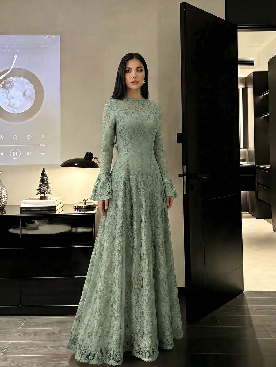 女士优雅蕾丝拼接高领收腰修身奢华纯色连衣裙，优雅褶皱荷叶边下摆/荷叶边开衩婚纱 - 綠色 - 查看 1
