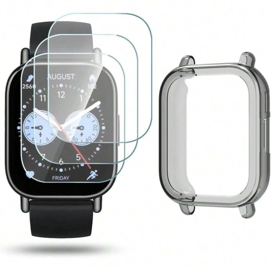 Watch Screen Protector Compatible For Xiaomi Watch 5 Lite / Watch 5 Active, Tempered Glass Film Anti Scratch High Definition Full Coverage And Soft TPU Protective Case(Pack Of 3+1) - Black - View 1