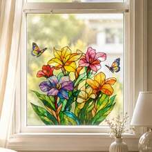 Stained Glass Style Flower & Butterfly Window Cling, Reusable Static Window Decal, Non-Adhesive Suncatcher Sticker, Colorful Floral Privacy Film, Removable Home Decor For Living Room Bathroom Kitchen - Colorful Flower Stickers - View 2