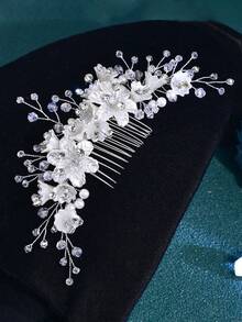 Juego de 3 piezas de peineta y horquilla para el cabello de novia, tocado para mujer con decoraciones de flores y strass, accesorios para el cabello de boda para fiestas - Plateado - Ver 5