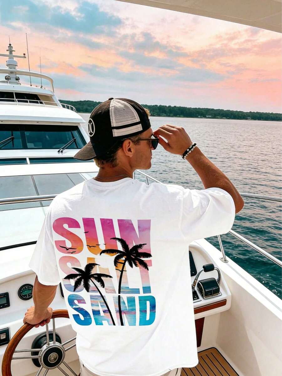 Vintage Short-Sleeved T-Shirt With Letter And Palm Tree Print, Men's Beach Vacation Style, Summer Tops - 白色 - 查看 1