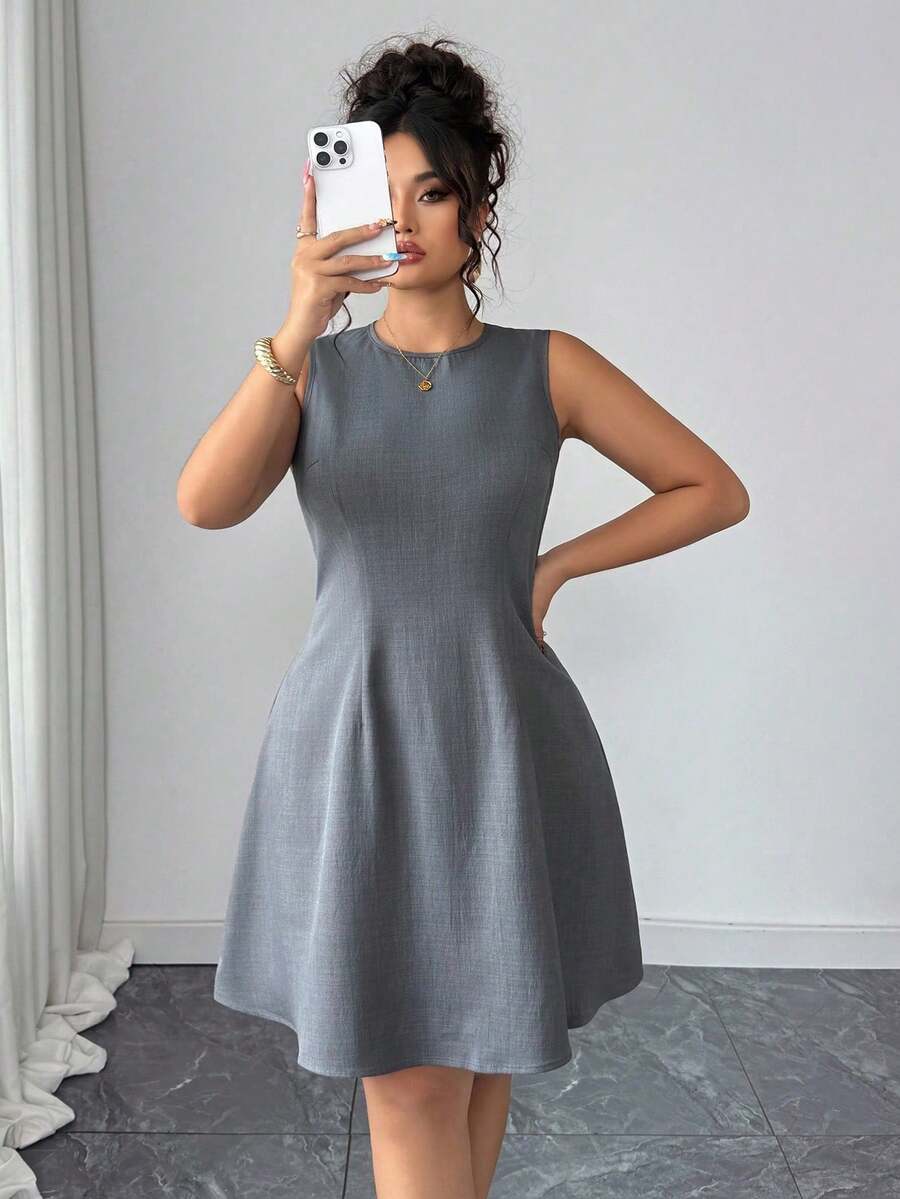 Vestido de talla grande de unicolor con cuello redondo y sin mangas - Gris - Ver 1