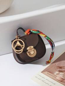 CHARM INFINITE Bolso colgante multifuncional con llavero de cierre giratorio mini en forma de silla de montar, textura de lichi en 7 colores, decoración de cinta de seda estampada, para guardar auriculares, lápiz labial y monedas - Multicolor - Ver 16