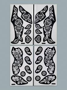 4pcs Symmetrical Floral Henna Tattoo Stencils, Hollow Floral Hand-Drawn Stickers, DIY Henna Paste Templates, Exotic Style Temporary Tattoo Designs For Wedding Hands And Feet - Black - View 9