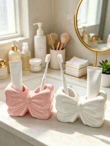 1pc Dual Slot White & Pink Cute Bow Toothbrush & Toothpaste Holder Makeup Brush Organizer Bathroom Countertop Vanity Accessory Aesthetic INS Style Home Decor Bathroom Dorm Apartment Essentials - Multicolor - View 5