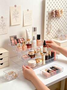1 pieza Estante de almacenamiento de cosméticos de acrílico transparente multicapa, organizador de tocador de escritorio para cuidado de la piel, lápiz labial, sombra de ojos y perfume - transparente - Ver 3
