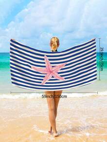 1pc Blue Striped Beach Towel, Minimalist Striped Starfish Print Large Beach Towel, Ultra-Fine Fiber Quick-Dry Absorbent Sand-Resistant Beach Towel, Towel, Suitable For Travel, Swimming Pool, Diving, Surfing, Yoga, Camping, Beach Party And Party Decoration Beach Towel, Summer Beach Travel Essential, Vacation Bathroom Decoration Water Party Multi-Functional Beach Towel - Dark Blue Stripes - View 13