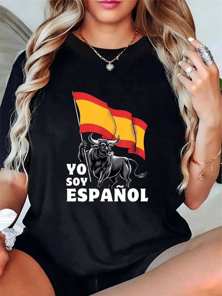 Camiseta negra para mujer | Bandera de España, Toro, "YO SOY ESPANOL" | Herencia Española, Día Nacional, Ropa Casual para playera de méxico flash oferta - Negro - Ver 1