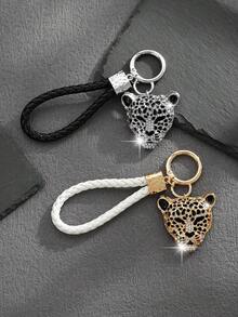 1pc Fashionable European & American Personalized Hip-Hop Versatile High-End Dual-Color Leopard Head Keychain Bag Pendant, Suitable For Men, Couples, Car Keys, Bag Decoration - Multicolor - View 3