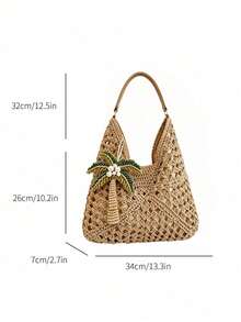 Dedoo Women's Crochet Bohemian Large Capacity Shoulder Bag, Beaded Coconut Tree Pattern, Leather Handle, Suitable For Summer (Random Pendant Hook) - Khaki - View 6