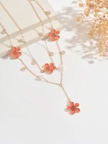1 Set Of 2pcs Colorful Enamel Flower Pendant Necklace, Sweet Personalized Creative Faux Pearl Rhinestone 3D Enamel Flower Y-Shaped Chain Layered Necklace - Orange - View 6