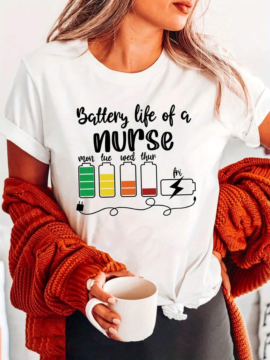Lightweight Feel, Long Battery Life Of A Nurse Letter Print Crew Neck T-Shirt, Casual Short Sleeve Sports Top For Summer And Spring, Women's Clothing - 白色 - 查看 1