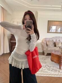 Women's Autumn Ballet Style Lace Hem Long Sleeve T-Shirt, Chic Slimming Layering Base Top White - White - View 3
