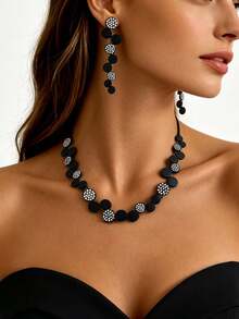 Juego de 2 piezas de joyería de estilo minimalista de metal, aretes de botón redondos de strass pulidos geométricos, aretes y collar de patchwork abstracto asimétrico creativo, adecuado para uso diario, fiestas y banquetes - Negro - Ver 2
