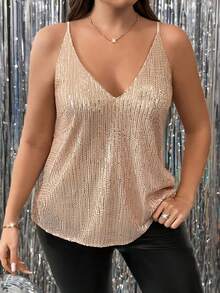 Talla Grande - Talla Grande - Cami de tirantes finos con lentejuelas, cuello en V y diseño occidental transfronterizo - Champán - Ver 1