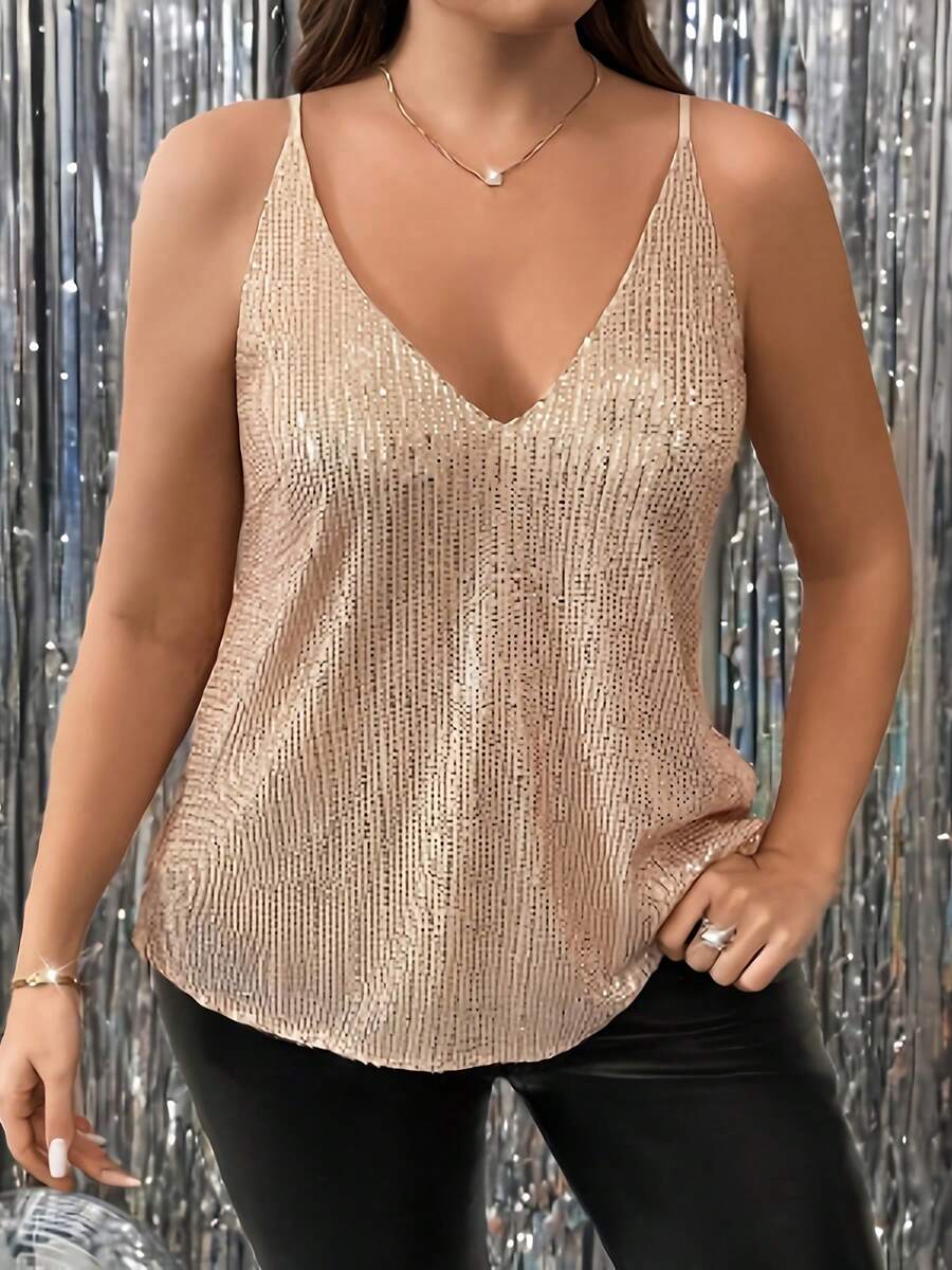 Talla Grande - Talla Grande - Cami de tirantes finos con lentejuelas, cuello en V y diseño occidental transfronterizo - Champán - Ver 1