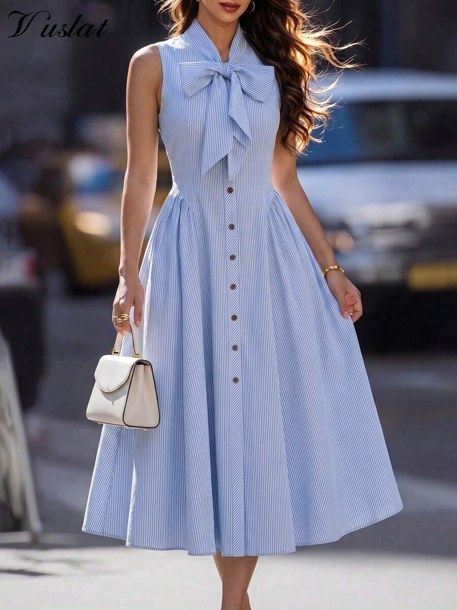 Vuslat Women's Summer Fashion Casual French Navy Style Striped Stand Collar Lace-Up Letter Embroidery Button Back Zipper Design Sleeveless A-Line Midi Dress, Suitable For Wedding Guest, Graduation Ceremony, Formal Party, Elegant Party, Office Wear, Holiday Wear, Summer Vacation, Summer Outing, Independence Day - Multicolor - View 1