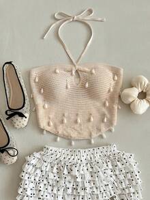 Solid Color Faux Pearl Detail Halter Neck Cutout Beach Knit Top - Apricot - View 3