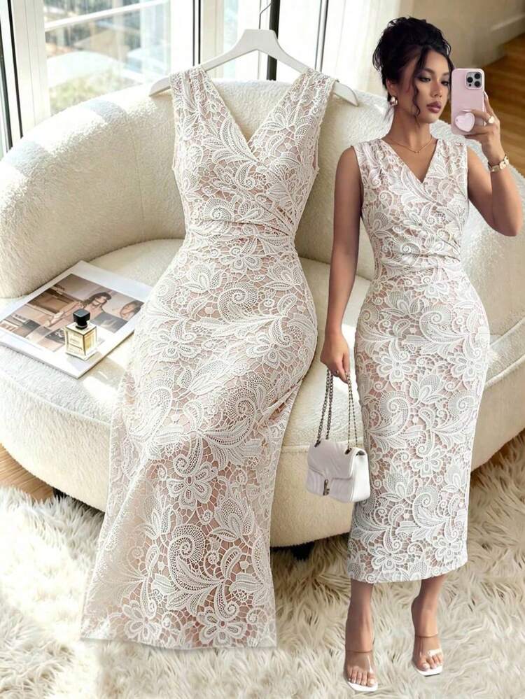 Vestido blanco para mujer, de verano, elegante, para invitada de boda, sin mangas, cuello en V, cintura ceñida, ajustado, con fruncido, estam - Blanco - Añade 5