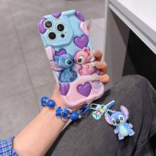 Disney Has Authorized, Phone Case - Chain Set, The Stitch Lilo & Stitch 3D Phone Case Plus A Silicone 3D Stitch Bracelet With Metallic Ring Removable Bracelet, Stitch And Angel Pattern, Compatible With Iphone17/16/15/14/13/12/28/XS/XR/X Plus Pro Max, A Stylish Cartoon Phone Case, The Perfect Gift Choice, Phone Protection, Durable Phone Cover, Great Gift For Friends And Family. - White - View 2
