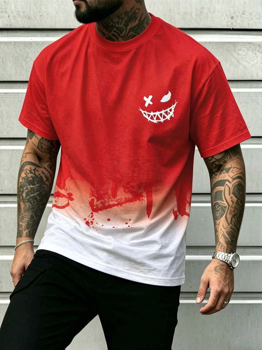 Men's Plus Size Summer Gothic Style Colorblock Short Sleeve Crew Neck T-Shirt - Red - View 1
