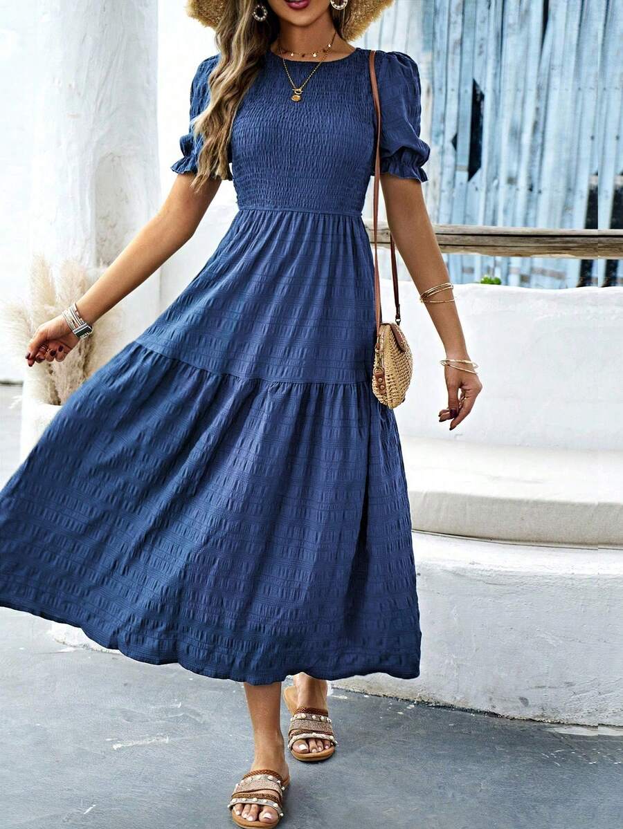 Vestido largo elegante de mujer con cuello redondo, mangas cortas abullonadas, plisado y casual de verano - Rosa - Ver 1