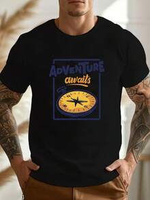 Men's Pure Cotton Short-Sleeved Graphic T-Shirt Adventure Awaits Compass Print Casual Daily Top - Black - View 1