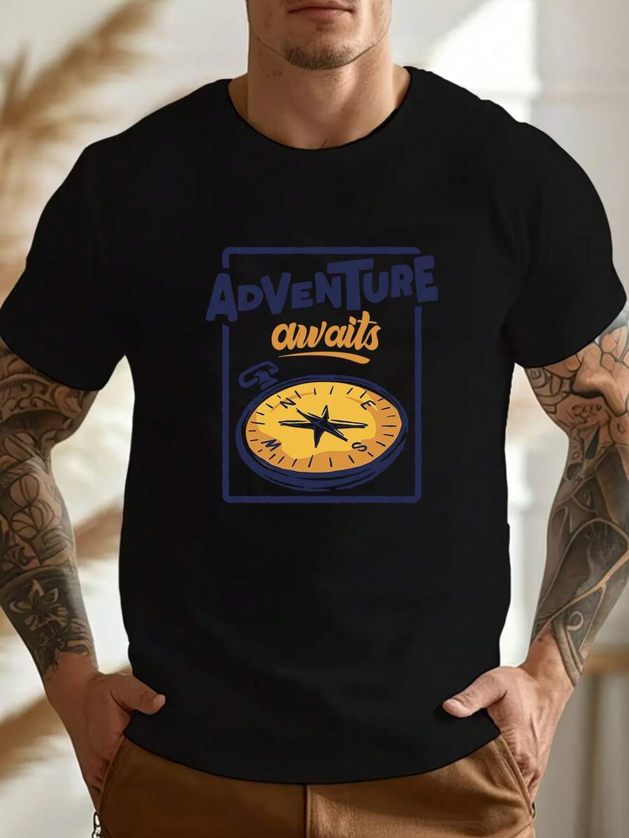 Men's Pure Cotton Short-Sleeved Graphic T-Shirt Adventure Awaits Compass Print Casual Daily Top - Black - View 1