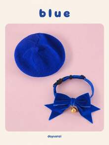 Knitted Beret + Velvet Bow Collar Set, Universal For Cats And Dogs, Photo Prop Accessory - Multicolor - View 13