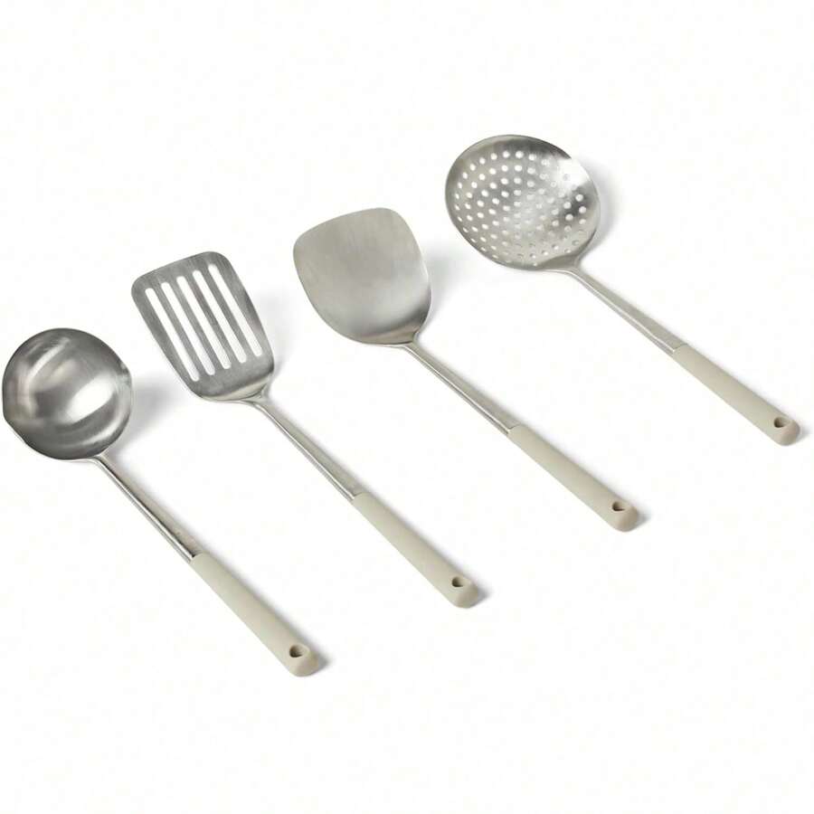 Juego de 4 cucharas de cocina de acero inoxidable, mango de agarre suave, aptas para lavavajillas, color gris lino. - Gris lino - Ver 1