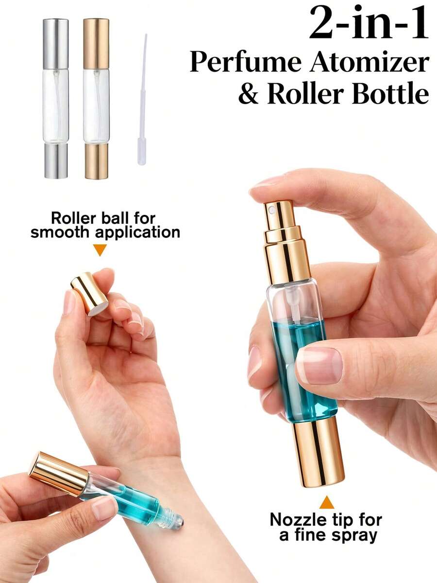 10ml Dual-Use Perfume Spray Bottle With Roller Ball - Clear Glass Bottle, Refillable, Portable And Easy To Use, Ideal For Travel And Office, Includes Perfume And Skincare Spray Bottle, Travel Accessory | Portable Perfume Dispenser | Refillable Spray Bottle, Compact Container, Fun Design, Decorative Cap, Clear Body, Suitable For Travel, Dorm And Back To School Gift - Multicolor - View 1