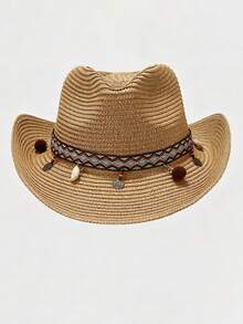 Women's Boho Straw Cowboy Sun Hat, Wide Brim UV Protection Beach Hat With Shell & Pom Pom Band, Breathable Summer Vacation Travel Cap - Pom-pom Geometric Straw Hat - View 5