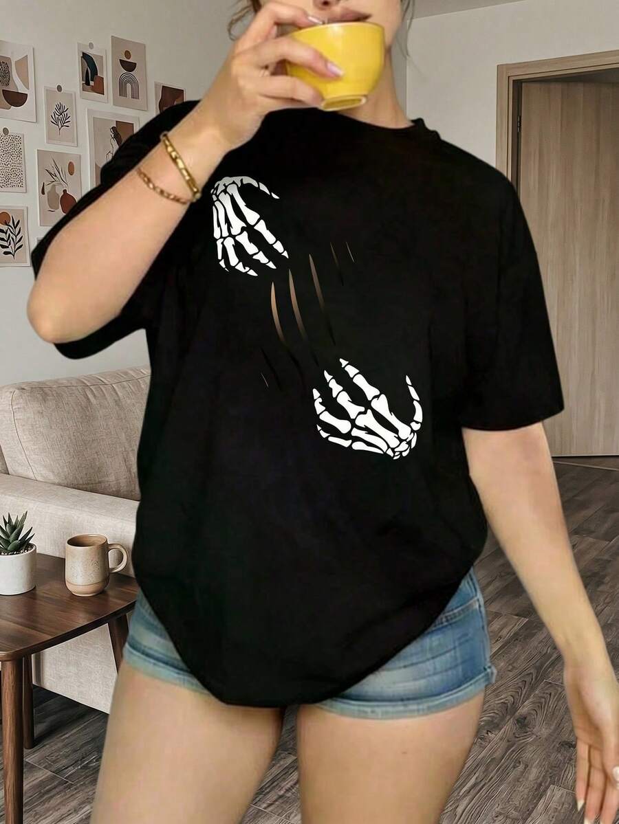 Women's Pure Cotton Short-Sleeved T-Shirt With Skull Print, Loose And Casual Fit, Lightweight And Comfortable For Summer, Ideal For Wearing As Both An Undergarment And An Outer Garment - 黑色 - 查看 1