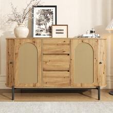 Oval Sideboard With Rattan, Sliding Doors, Drawers, Adjustable Shelves, Wood Effect, Metal Legs, - Natural - 查看 5