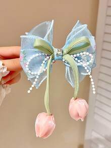 1/2/4pcs Floral Tulip Pearl Mesh Big Bow Hair Clips, Cute Princess Fresh Versatile Hair Accessories, Beige Pink - Multicolor - View 18