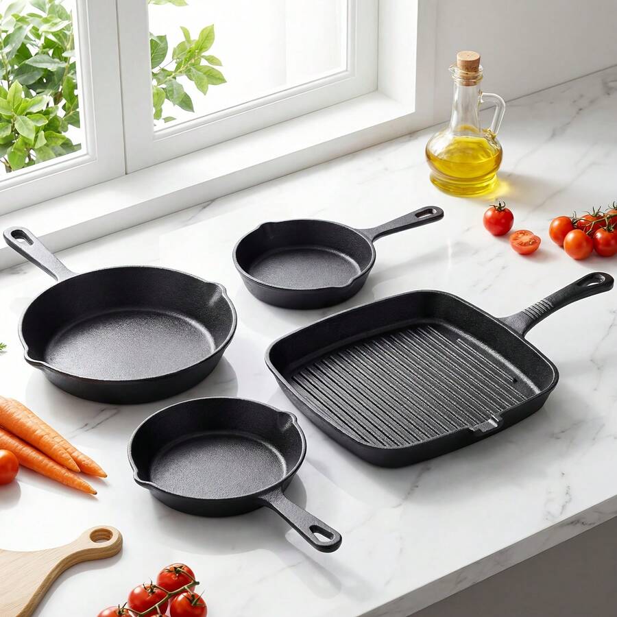 LOVEWE 4Pcs Flat Cast Iron Steak Skillet Pack, Non-Stick Coating, Anti-Splashing Oil Spout Design, Oven Usable Cookware Set, Multipurpose Pan For Camping, Picnic And Holiday Meals