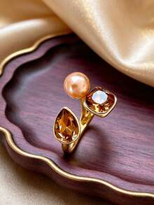 1pc French Minimalist Amber Rhinestone Geometric Pearl Open Ring, Exquisite Elegant Fashion High-End Ring Hand Jewelry, Daily Wear Pearl Ring Hand Jewelry - Ring - View 3