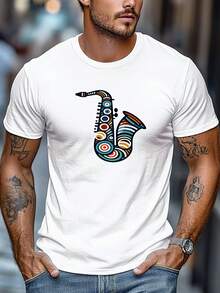 Camiseta de hombre de talla grande, cómoda y versátil, relajada e informal, con estampado colorido de saxofón, camiseta de verano de manga corta y cuello redondo para hombre. - Azul marino - Ver 6