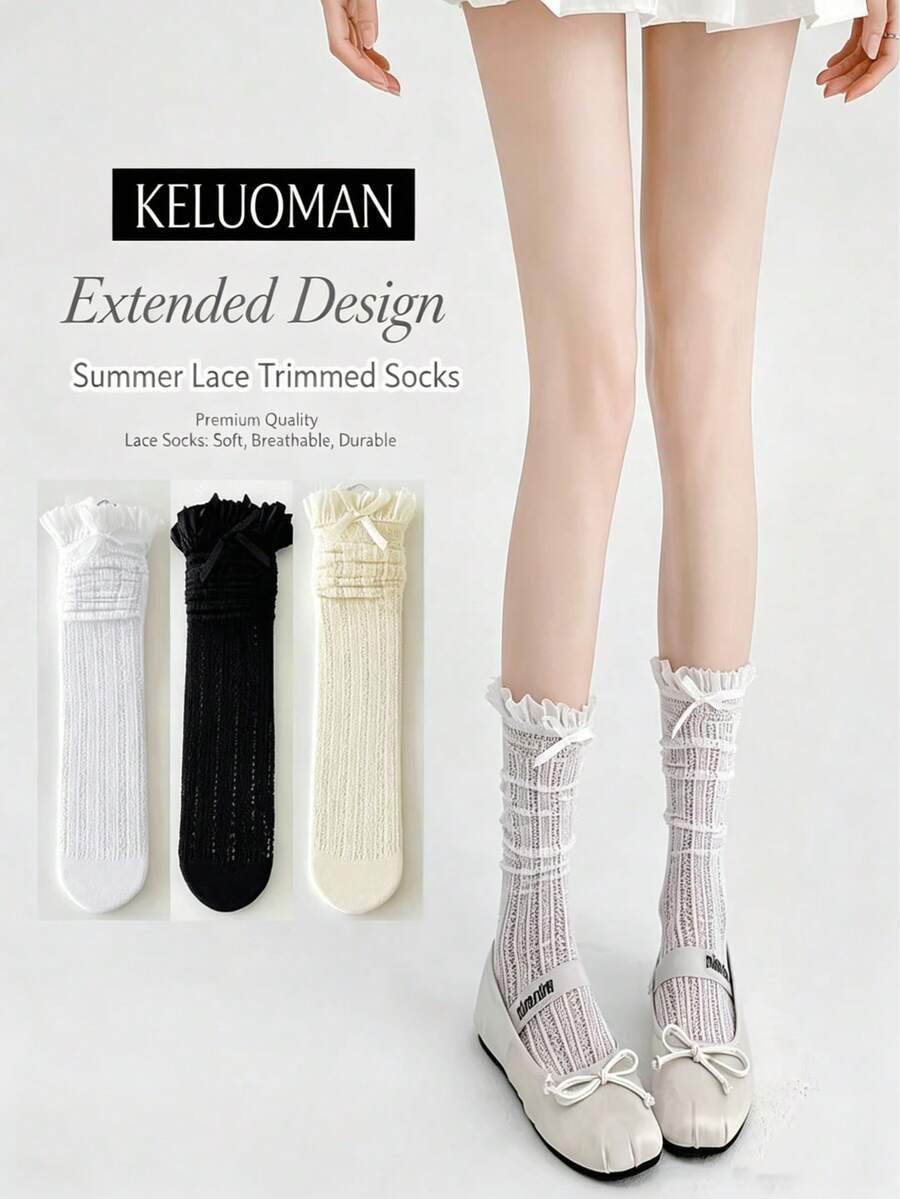 1 Par de Meias Slouch Femininas de Verão com Renda Vazada e Acabamento em Renda, Cano Médio, Decoração com Laço e Fita Doce, Estilo Extra Longo, Respirável e Fino, para Sapatos Mary Jane, Ballet, Lolita, JK Girl Japonesa, Tênis de Treino, Cor Sólida Versátil - Multicolorido - Visão 1