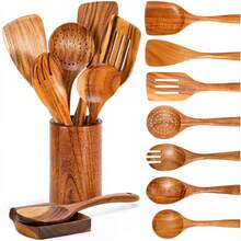 Ensemble de 9 ustensiles de cuisine en teck naturel – Outils de cuisson en bois à prise souple avec repose-cuillère, anti-rayures pour ustensiles antiadhésifs - défaut - Voir 1