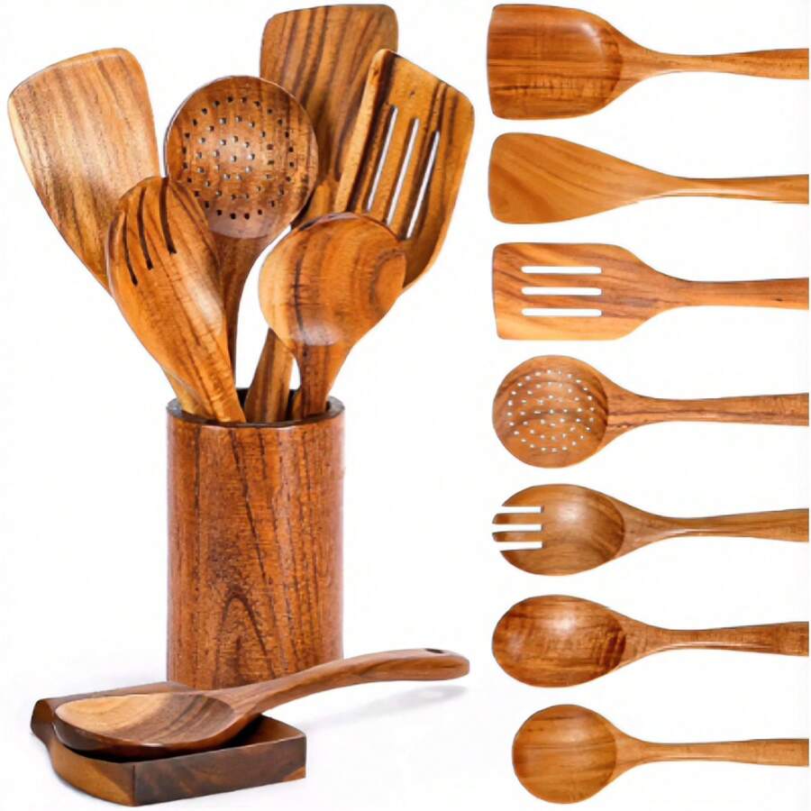 Ensemble de 9 ustensiles de cuisine en teck naturel – Outils de cuisson en bois à prise souple avec repose-cuillère, anti-rayures pour ustensiles antiadhésifs - défaut - Voir 1